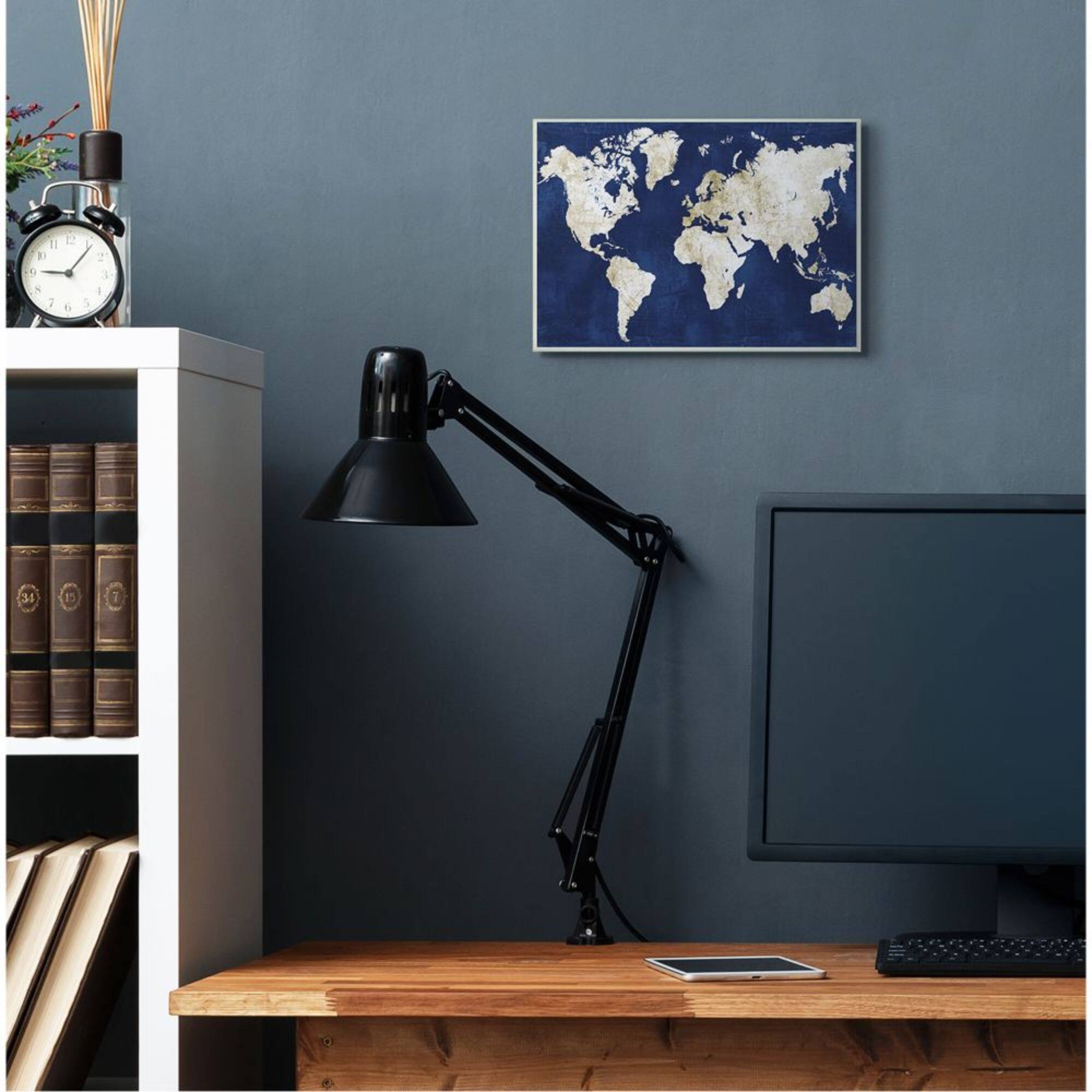 Stupell Industries Navy and Distressed Gold World Map Wood Wall Plaque
